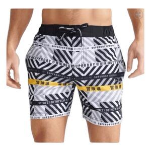 Superdry 21" Printed Board Shorts White Black Yellow Knit Regular Fit L